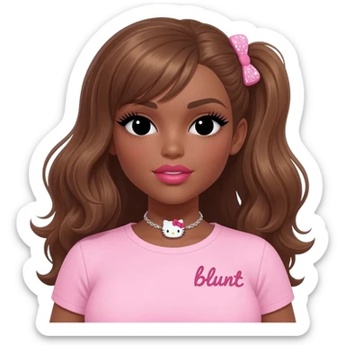 Long lashes, my melody hairclip, Doll faced shaped, hello kitty necklace, bimbo, black doll eyes, Big lips barbie, long dark brown skin with honey brown hair, light pink bimbo shirt says "blunt" , big breast sticker