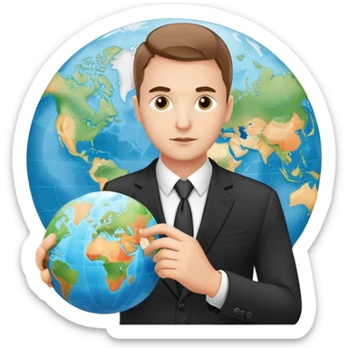 Polish man in a business suit analyzing global strategy with a world map sticker
