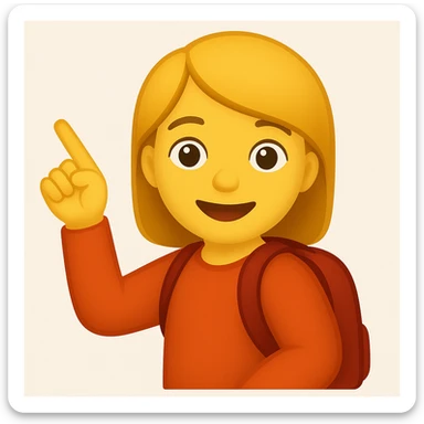 Create an emoji style image of a girl with a red backpack pointing up to the left, with a cheerful expression. Her right arm is bent down and molded to her side. The style should resemble classic emoji aesthetics. sticker