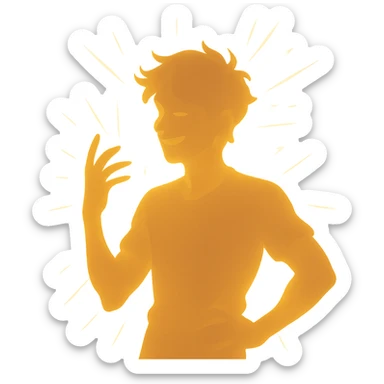 radiant young man with a soft glow and captivating energy, symbolizing lighthearted chaos and allure, in a minimalist silhouette sticker