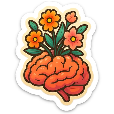 brain with blooming flowers, symbol of inner harmony, retro sticker style, clear contours, shadows and highlights, psychosomatic theme sticker