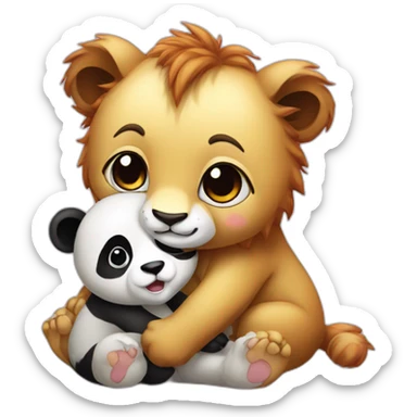 Cute baby lion hugging a panda  sticker