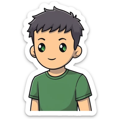 white man with dark messy short hair, dark green eyes, wearing a gray t-shirt sticker