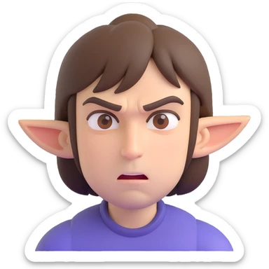 A man with brown hair and brown eyes, a little angry but kind at the same time. He has a bob-style hairstyle that covers his ears, has bangs in front of his eyebrows, and white skin. sticker