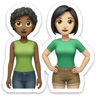 Two lesbians One has shorts boyish black hair with brown hair and the other has a light brown bob cut with green hair sticker