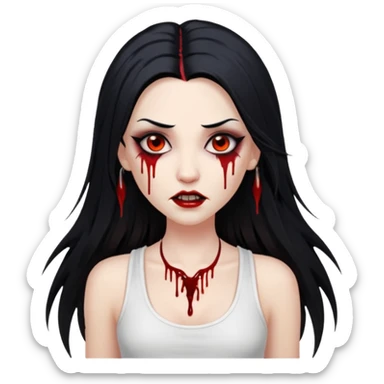 White woman with a white tank top long black hair glossy middle part long hair vamp look with fangs or blood dripping brown eyes eyeliner winged with lashes top and bottom sticker