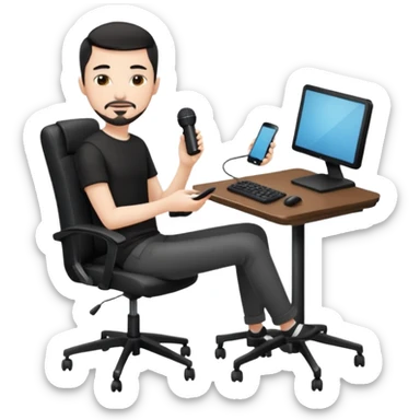 a setup of a youtuber, white skin, thin goatee, black short hair, with a desktop pc on a table, a gaming chair, microphone, no headset phone sticker