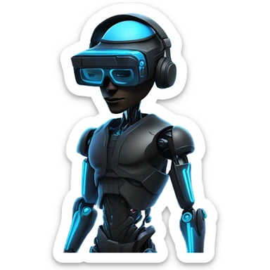 netrunner, cyberpunk hacker with mechanical glasses, black robot body, black vr headset, eyes covered, blue neon sticker