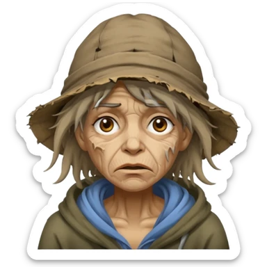 very dirty looking homeless woman with ripped hat and face with ugly hair sticker