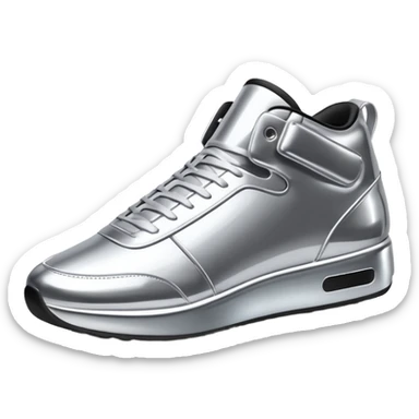A pair of futuristic sneakers emoji made of silver chrome, sleek streetwear design, smooth metallic panels, subtle reflections, luxury swag aesthetic, iOS emoji style, centered, clean white background sticker