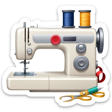 Sewing icon, sewing machine with thread, visible needle, spools of thread, fabric pieces cut according to patterns, scissors, and measuring tape, a piece of clothing in progress, minimalistic style, clean lines, transparent background. sticker