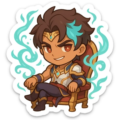 Chibi Soul Fighter Viego sitting confidently on a regal chair, with Soul Fighter aura, oversized head, playful expression, magical energy swirling around sticker