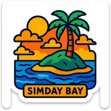 SimDay Bay with an island, vibrant toon style, bright colors sticker