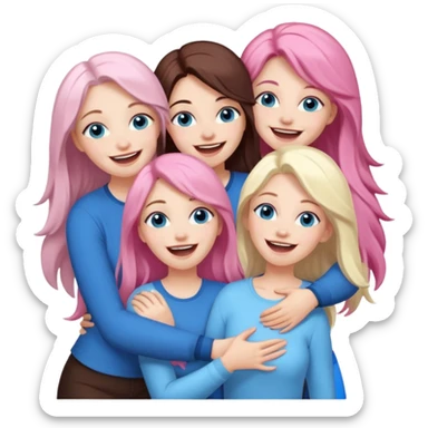 four adult white women laughing and hugging.  Two have long dark brown hair.  One has long pale pink hair and blue eyes. one has with blue eyes and light blonde hair. sticker