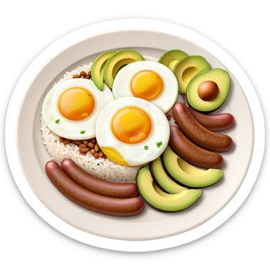 Bandeja Paisa Cinematic Realistic Bandeja Paisa Dish Emoji, depicted as a hearty platter featuring rice, beans, avocado slices, one sausage, a perfectly cooked egg, and crispy pork crackle, rendered with vivid textures and robust, inviting lighting. sticker