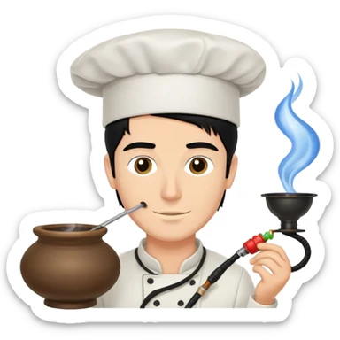 A white guy with black hair packing a hookah bowl with a chef hats  sticker