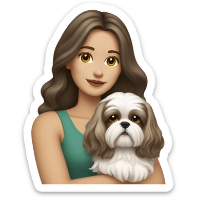 Young brunette hair woman with a cream shih tzu in her arms long wavy hair sticker