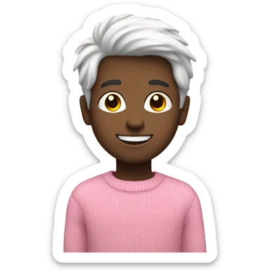 smiling boy in pink sweater with white hair that has black in middle sticker