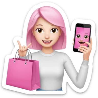 white skin influencer taking selfie with a pink shopping bag sticker