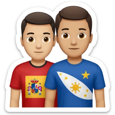 2 male Best buds , one in showing Philipines flag tshirt, one is Spain flag sticker