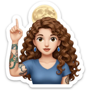 moon symbol discovery — long wavy brown hair tattooed woman and short tight curly brown hair woman — pointing up sticker