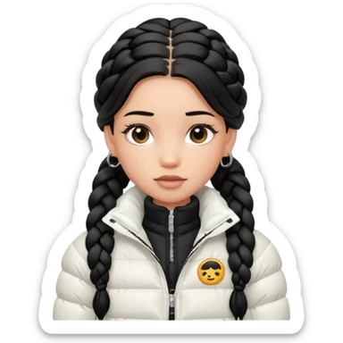 generate a pretty bratz girl with a WHITE puffer jacket, hoops, long braided hair black sticker