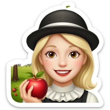 please may you generate the happiest girl emoji but she has a secret quarter of the face like phantom of the opera thats slightly menacing and its in an apple orchard and there is a mime hiding in the back sticker