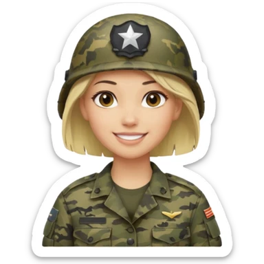 Apple-style emoji: female soldier, bust, no cap/helmet, friendly smile, generic camo top, blonde  black color hair sticker