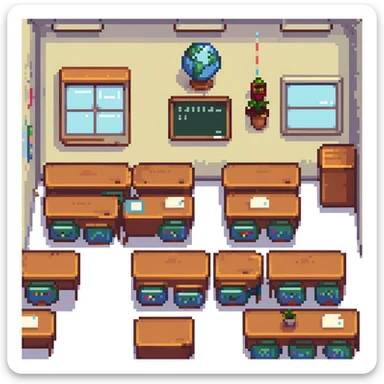 classroom scene with many students and a teacher in pixel art style sticker