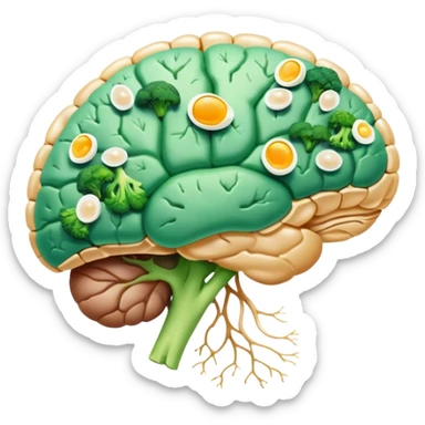 Glowing brain and liver connected by a pearlescent capsule, surrounded by choline-rich foods: eggs, liver, fish, and broccoli. Golden waves showing neural connections flow from the brain, with all elements having an ethereal glow representing cognitive benefits. sticker