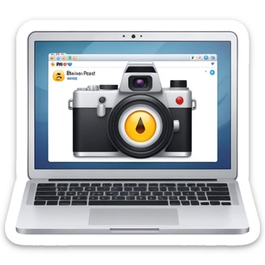 Create an emoji representing blogging. The design should feature an open laptop with a visible blog post on the screen, showing text. Add a photo or video camera to emphasize multimedia content. Do not include any emojis or smiley faces. Make the background transparent. sticker