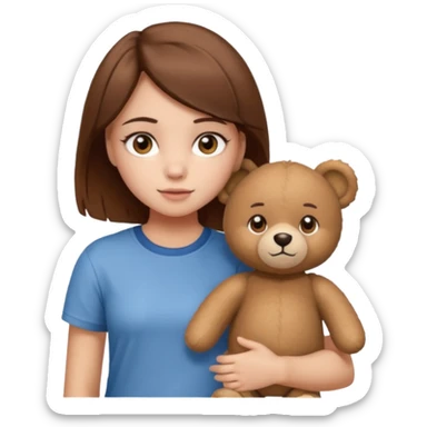 A Girl with Brown hair and Brown eyes with a t-shirt of a Teddy bear sticker