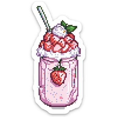 pixel art strawberry milkshake with pink hue and cherry on top, whipped cream, sparkles sticker