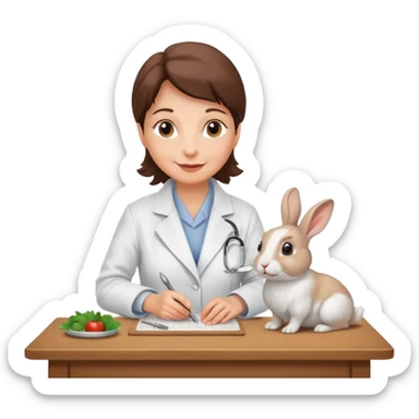 Older female vet – gentle smile, coat, checking rabbit on table. sticker