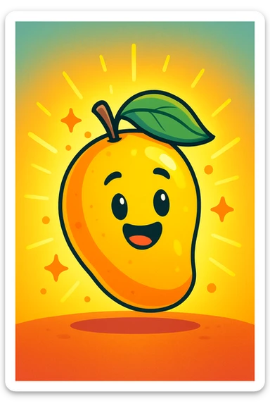 a glowing mango, cartoon style, bright aura sticker