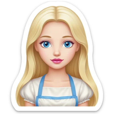 Cinematic realistic beautiful blonde with long hair, blue eyes and pink lips in a white dress cooks sticker