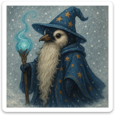 Add a snowy background behind the fantasy penguin wizard, keeping the detailed illustration style. sticker