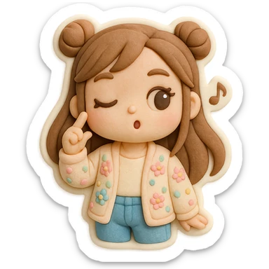 3D chibi girl fondant cake art style, high-quality rendering with smooth shadows and soft gradients, long brown hair in two space buns, brown eyes, jeans, pastel floral cardigan, thick white outline like a sticker, transparent background, spinning finger near her temple and whistling like 'what a fool', preserve facial features from reference image sticker