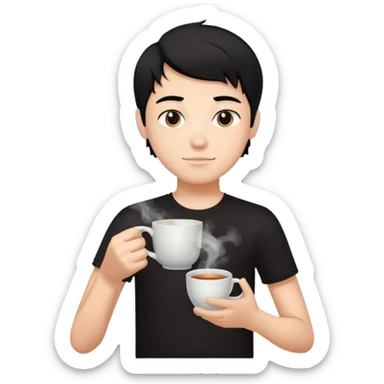 The boy teen have a black hair, and black T-shirt with a cup of tea. Sky blue background  sticker