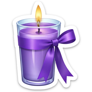 A transparent shot cup with purple wax that is lit as a candle, and purple ribbon wrapped around the cup. sticker