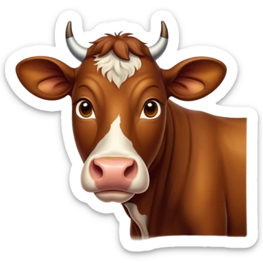 Cinematic Noble Brown Cow Portrait Emoji, Poised and regal, with a large, sturdy build and a smooth, well-groomed deep brown hide, deep-set soulful brown eyes, Simplified yet sharp and sophisticated features, highly detailed, glowing with a soft, dignified glow, high shine, intelligent and calm, stylized with an air of pastoral majesty, focused and attentive, soft glowing outline, capturing the essence of a watchful and confident bovine guardian, so majestic it feels as though it could amble out of the screen with effortless authority! sticker