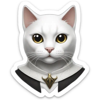 White cat with black assassin's creed logo on face sticker