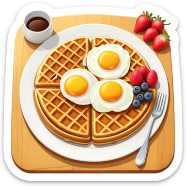 Brunch spread with waffles, eggs, and fruit on a table sticker