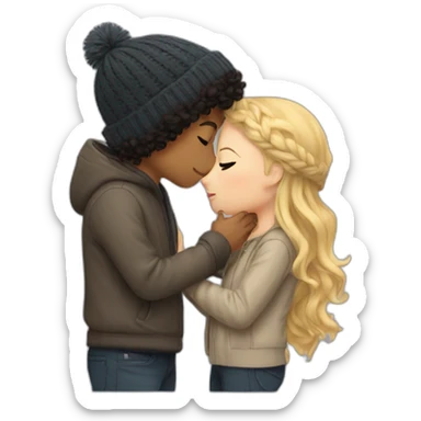 a boy with blond hair in a beanie kissing a girl with dark curly hair sticker