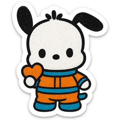 Make Pochacco white with black ears, wearing an orange and blue space suit, keep plushy Popmart doll style, cute and playful, no background. The style should reflect a plushy Popmart doll look, cute and playful. sticker