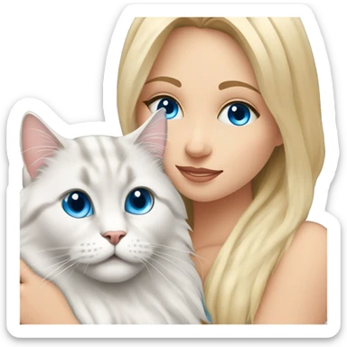 Pretty Blonde haired blue eyed woman snuggling a Siberian cat with blue eyes  sticker