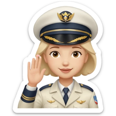 pilot wearing a captain hat, sheepish apologetic smile, small blush cheeks, giving a gentle salute, sticker
