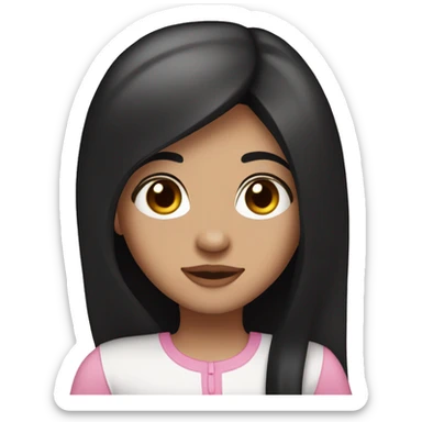 Pale extra white, long black straight hair, brown eyes, pink accessories, freckles, small nose,  sticker