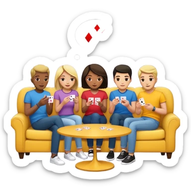 group of friends on couch playing a card game couch should be deep dark yellow color sticker