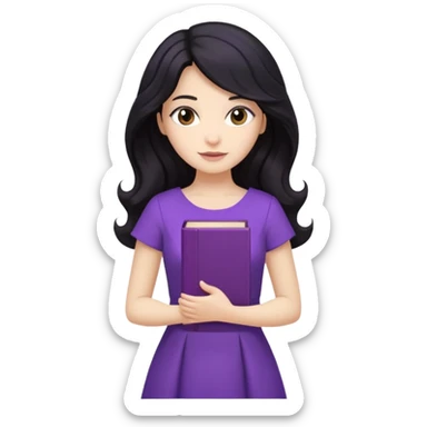 Long Hair Women with purple Book, Black wavy hair, beige dress sticker
